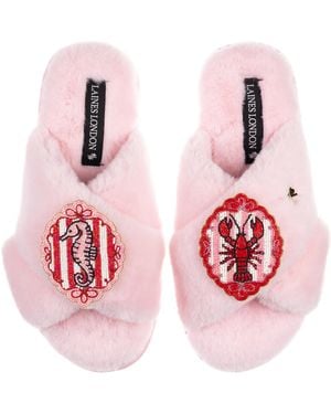 Laines London Classic Laines Slippers With Stripe Seahorse & Lobster Brooches - Pink