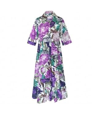 Perlavera Maribelle Fusion Plum -Printed Three Quarter-Sleeve Length Maxi Dress - Blue