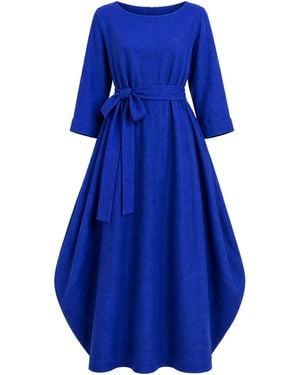 Nikka Place Maxi Linen Balloon Dress With Belt - Blue