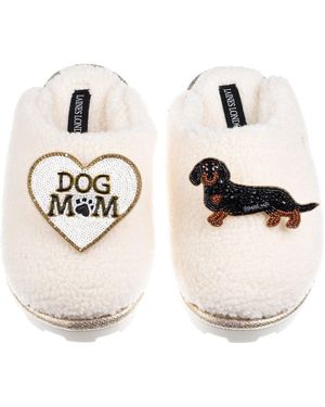 Laines London Neutrals Teddy Closed Toe Slippers With Dog Mum/Mom & & Tan Dachshund Brooches - White