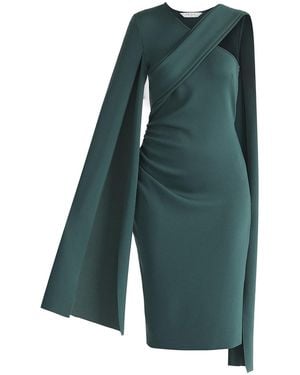 Paisie Asymmetric Draped Cape Sleeve Dress - Green