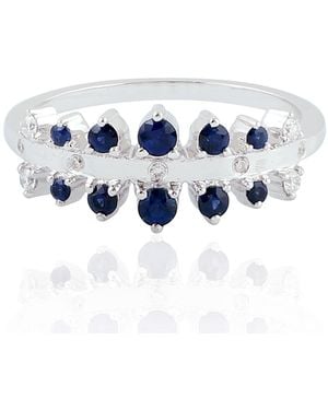 Artisan White Gold Blue Sapphire Diamond Handmade Band Ring