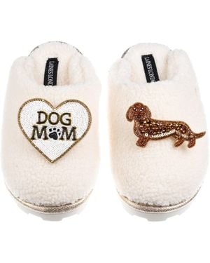 Laines London Neutrals Teddy Closed Toe Slippers With Dog Mum/Mom & Dachshund Brooches - White