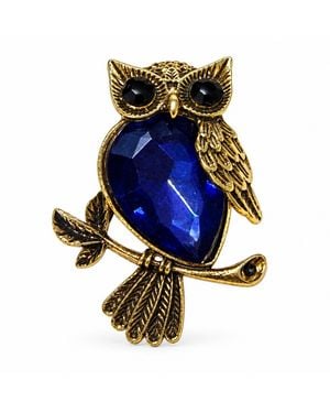 By Ozge Mystic Wisdom Sapphire Crystal Owl-Tone Statement Brooch - Blue