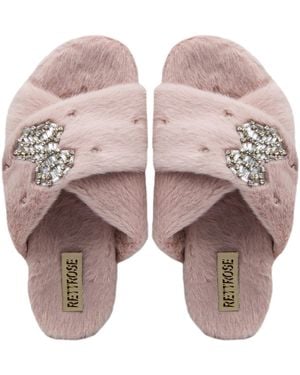 Rettrose Neutrals Fefe Nude Luxury Plush Diamanté Bow Embellished Handmade Slipper - Grey