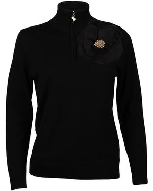 Laines London Neutrals Laines Couture Quarter Zip Jumper With Embellished Cream Corsage - Black