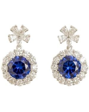 Juvetti Round Sapphire Halo Pendant Earrings With Flower Bail - Blue