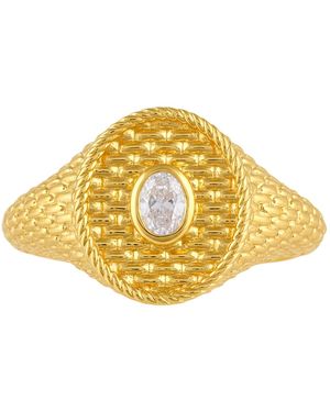 Artisan 14K Oval Diamond Textured Signet Ring - Metallic