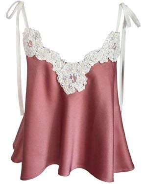 Langner Silk Cadi Satin Top With Lace Neckline Pomegranate - Pink