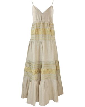 Haris Cotton Neutrals Linen Maxi Strap Dress With Embroidered Panels Beach Sand - Natural