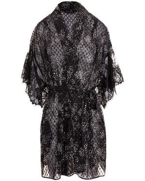 concept A trois Printed Veil Kimono With Chantilly Lace Details - Black