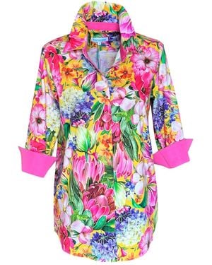 Perlavera Nancy Flower Three Quarter Sleeve Length Missy Fit Shirt - Pink