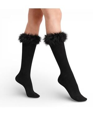 HIGH HEEL JUNGLE by KATHRYN EISMAN Frou-Frou Faux Fur Trim Combed Cotton Socks - Black