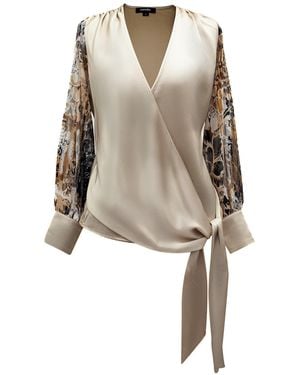 Smart and Joy Neutrals Cross Heart Top With Floral Print Sleeves - Natural
