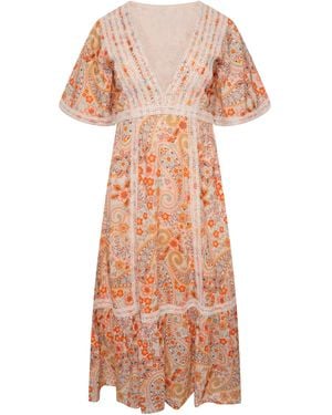 LAtelier London Paisley Print Midi Dress With Lace Inserts - Pink