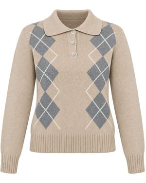 Luella Fashion Neutrals Argyll Cashmere Blend Button-Up Collar Pattern Jumper - Grey