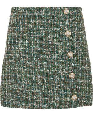 Sour Figs Pearl-Button Metallic Thread Bouclé Tweed Mini Skirt - Green