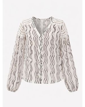 Rose & Nancy Corinne Cream Waves Print Lace Trim Blouse - White