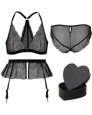 Tallulah Love Midnight Rose Gift Set: Bralette, Ouvert, Suspender & Gift Box - Black
