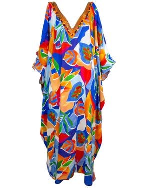 Lalipop Design Colourful Leaf Print Open Shoulder Viscose Kaftan - Blue