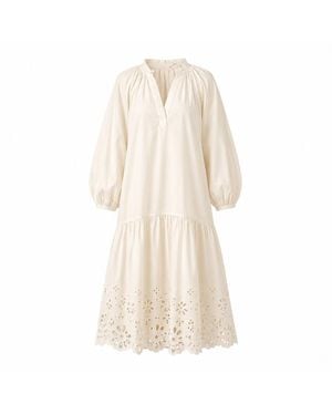 IZABELA MANDOIU Elegant Ivory Broderie Anglaise Midi Dress With Balloon Sleeves - Natural