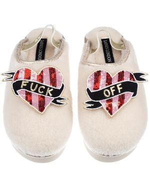Laines London Neutrals Flatform Cloud Slippers With & Stripe Fuck Off Heart Brooches - Pink