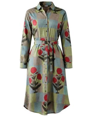 Charkha & Loom Singapore Hand Block Printed Cotton Shirt Dress Checked - Green