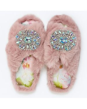 Yomisma Eco Faux Fur Slippers – Recycled Faux Fur + Iridescent Removable Brooches + Silk Insoles - Pink