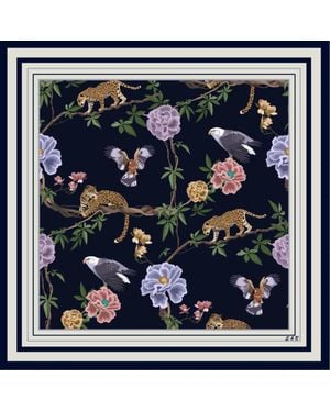 Silk and Bears Midnight Safari Wool Silk Scarf – Hand-Rolled Animal Botanical Wrap - Blue