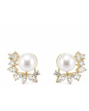 Angel Barocco Freshwater Pearl Crystal Leaf Stud Earrings - Metallic