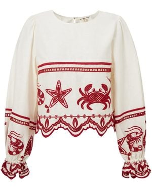 Pecanpepperpelican Crab & Shrimp Embroidered Long Sleeve Top - White