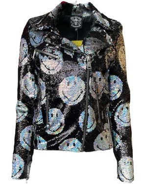 Any Old Iron Iridescent Smiley Reversible Sequin Moto Jacket - Black