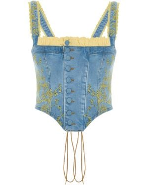 Maison sél Embroidered Panelled Denim Corset - Blue