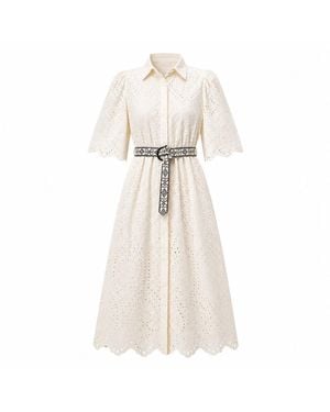 IZABELA MANDOIU Ivory Broderie Anglaise Midi Dress With Decorative Belt - Natural