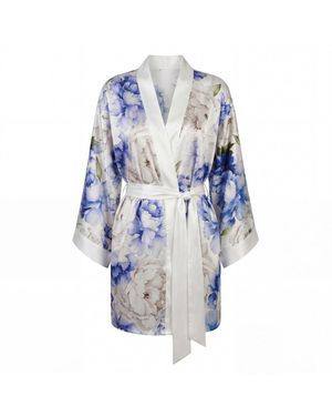 Vimissia Peony Allure Short Silk Kimono Style Robe - Blue