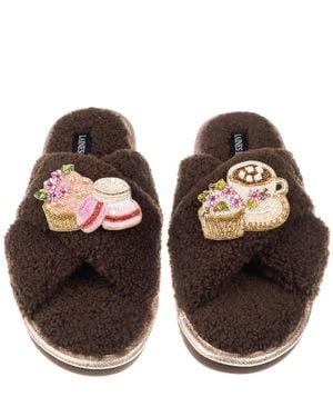 Laines London Neutrals Neutral Boucle Slippers With Macaroon Brooches - Brown