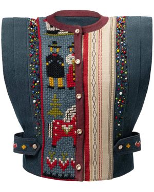 Rondooz Hand Painted Denim Vest With Antique French Gobelin Tapestry & Hand Applied Embellishment - Blue