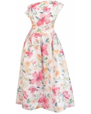 Girl In Mind Betty Asymmetric Neckline Skater Midi Dress Print - Pink