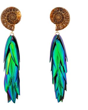 Oana Savu Beetle Ear Studs Earrings Natural Recycled Wings Large Ammonite Fossils - Green