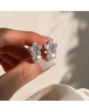 VicStoneNYC Fine Jewelry Camellia Pearl Earrings – New York Designer Bridal Jewellery - Metallic