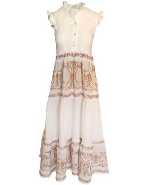 Haris Cotton Smock Maxi Linen Dress With Embroidered Cotton Details Bronze - Natural