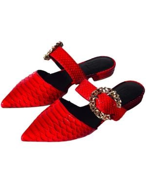 Aethra Shoes Adel Leather Crystal Buckle Mule Flats - Red