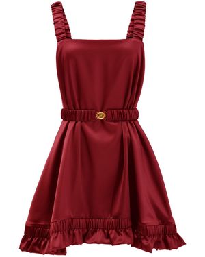 Kargede Burgundy Satin Dress – Designer Silky Slip Mini, Square Neckline - Red