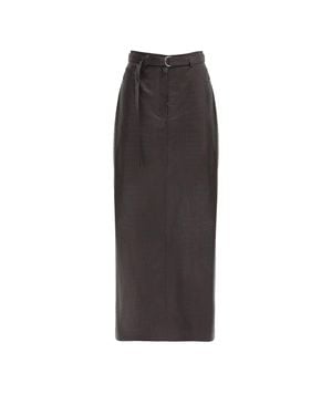 Julia Allert Croc-Effect Faux Leather Straight Long Skirt With Belt - Brown