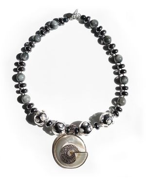 Edgar Navarro Jewelry Neutrals Edgar Navarro Mother Of Pearl Statement Pendant Necklace With Hematite, Tiger Eye & Pearl-Encrusted Accents - Metallic