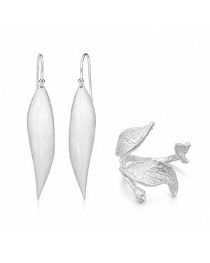 Ormiro Wind Leaf Sterling Ring & Earrings Jewelry Set - White