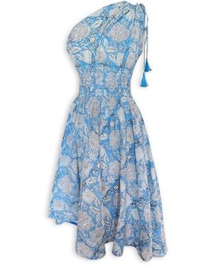 Pick Happy One Shoulder Asymmetry Goddess Cotton Dress With Silk Tassels Botanical Azure - Blue
