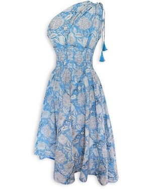 Pick Happy One Shoulder Asymmetry Goddess Cotton Dress With Silk Tassels Botanical Azure - Blue