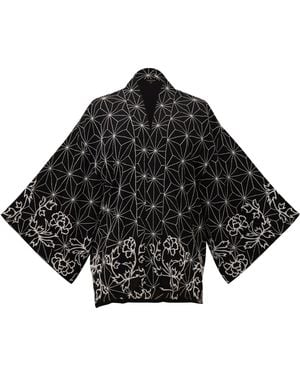 Artemis Muse Asanoha & Peony Embroidered & Ivory Fully Lined Short Kimono - Black