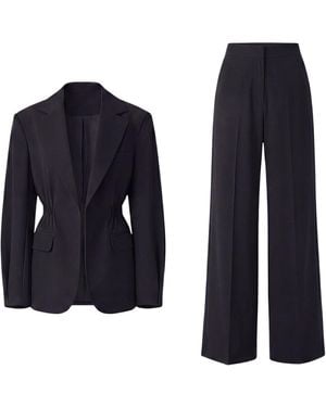 BLUZAT Suit With Waist Accentuated Blazer And Wide-Leg Trousers - Blue